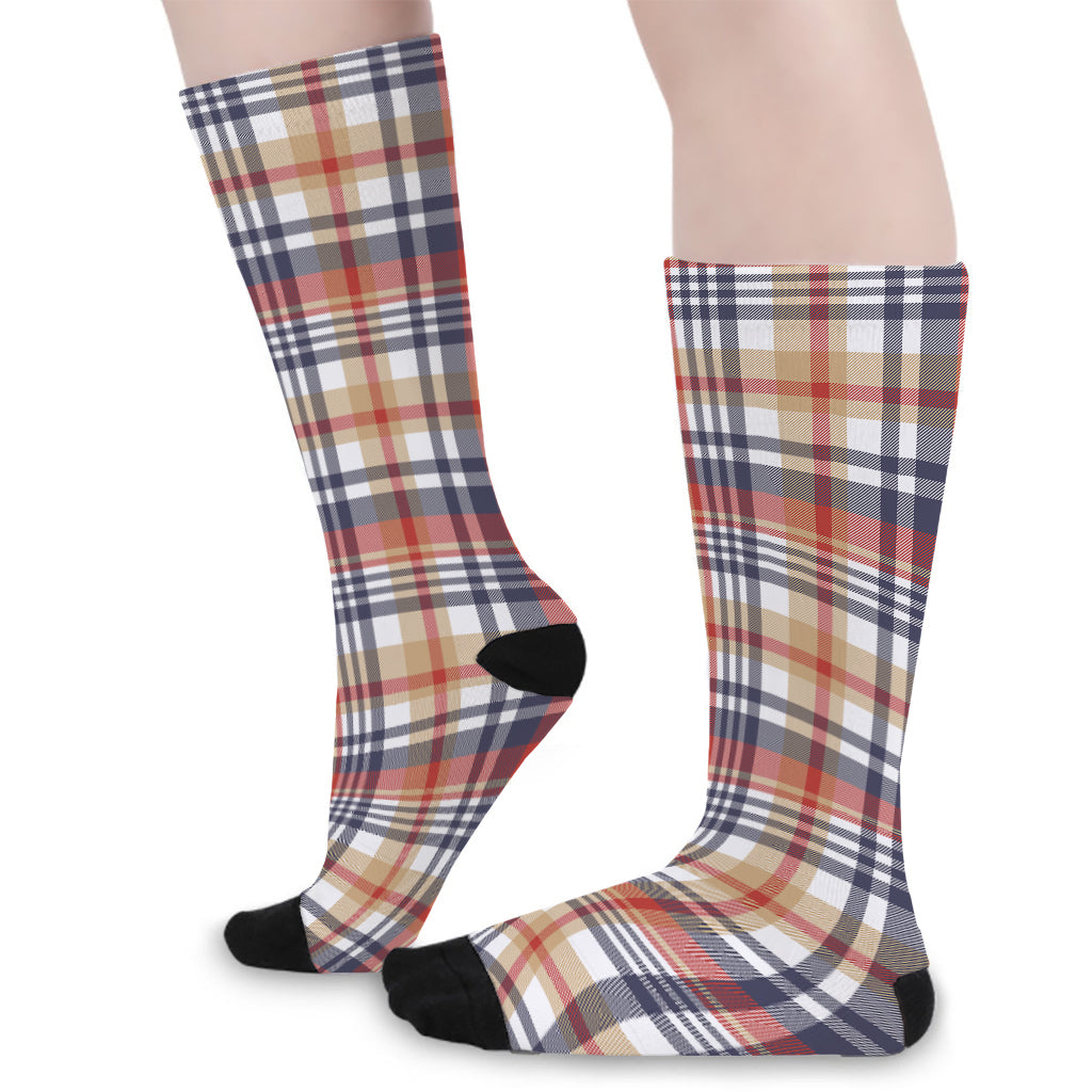Red Blue And Beige Madras Plaid Print Long Socks