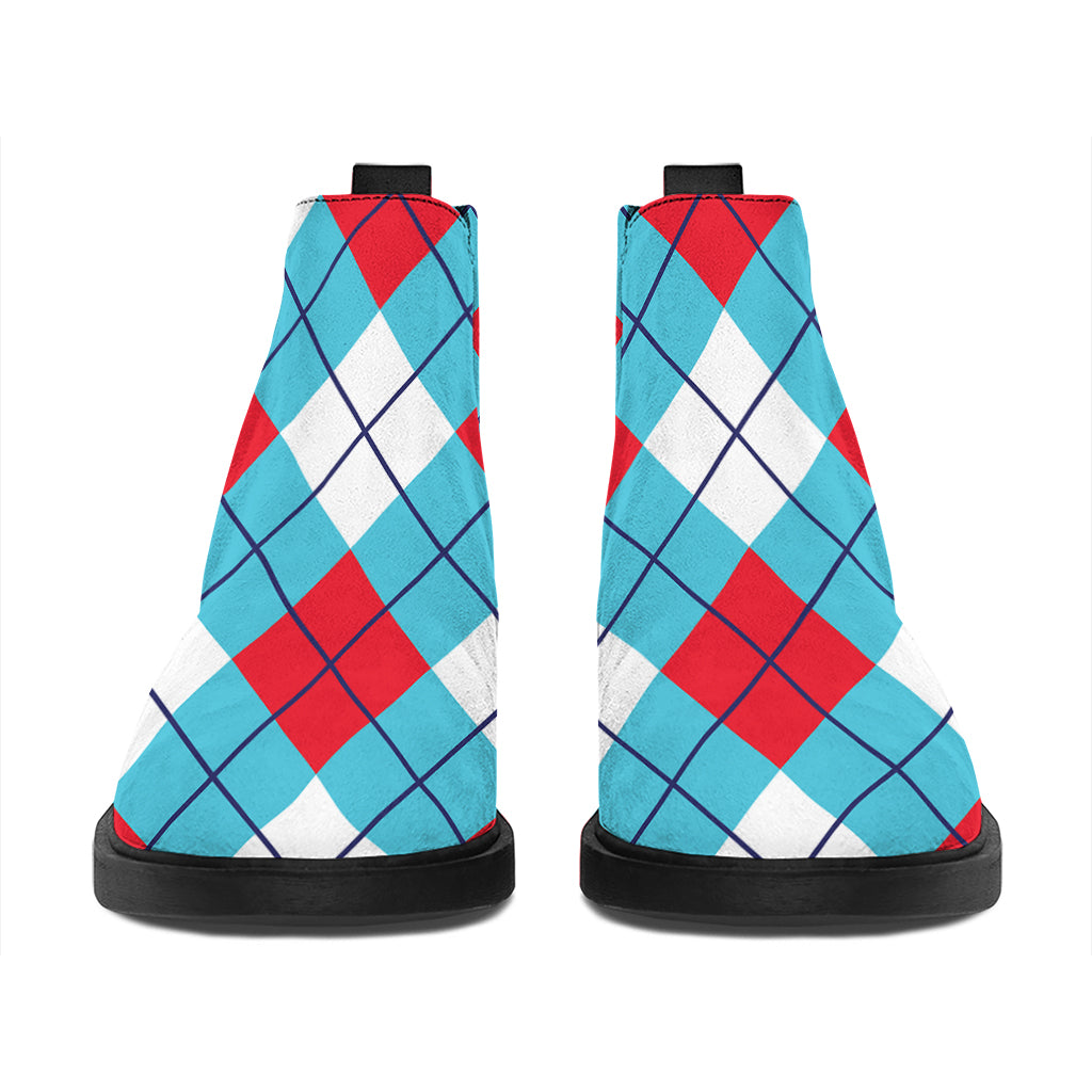 Red Blue And White Argyle Pattern Print Flat Ankle Boots