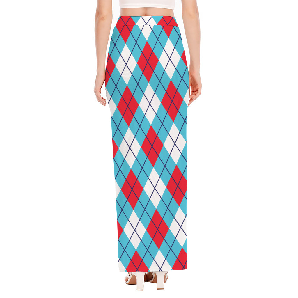 Red Blue And White Argyle Pattern Print High Slit Maxi Skirt