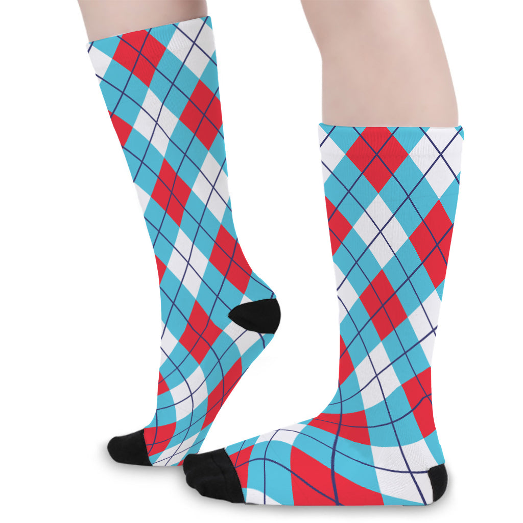 Red Blue And White Argyle Pattern Print Long Socks