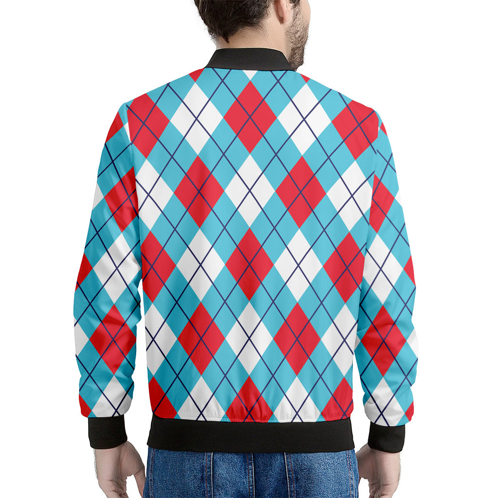 Red Blue And White Argyle Pattern Print Men's Bomber Jacket