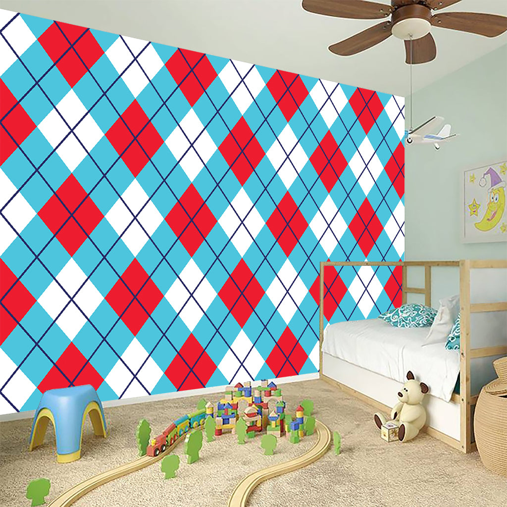 Red Blue And White Argyle Pattern Print Wall Sticker