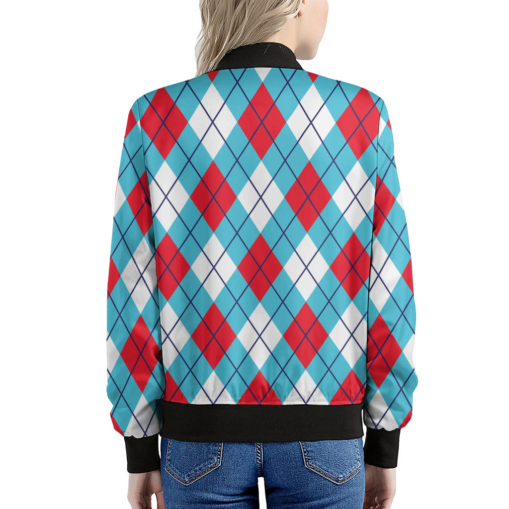 Red Blue And White Argyle Pattern Print Women's Bomber Jacket