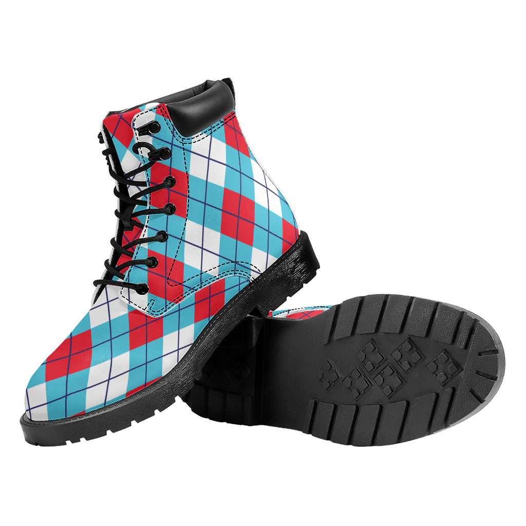 Red Blue And White Argyle Pattern Print Work Boots