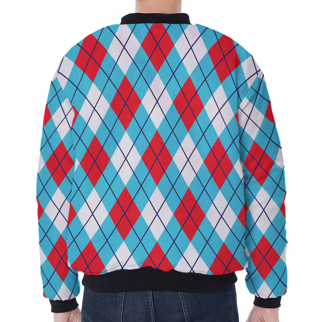 Red Blue And White Argyle Pattern Print Zip Sleeve Bomber Jacket