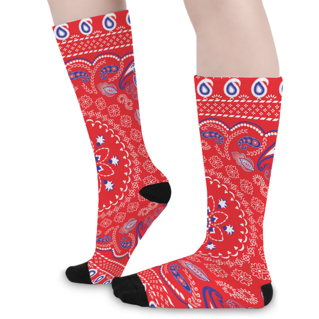 Red Blue And White Bandana Print Long Socks