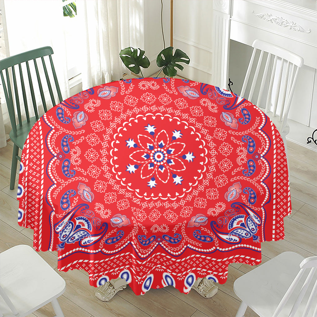 Red Blue And White Bandana Print Waterproof Round Tablecloth