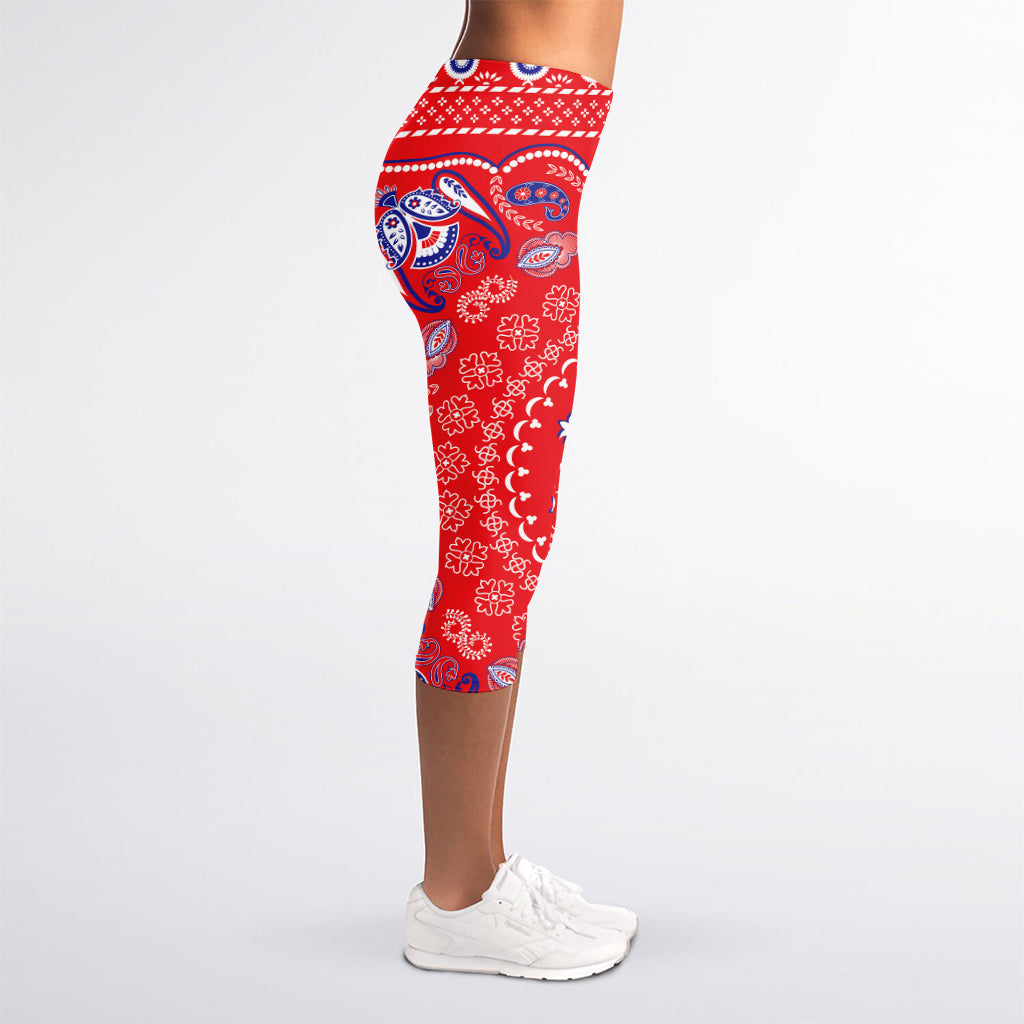 Red Blue And White Bandana Print Women's Capri Leggings