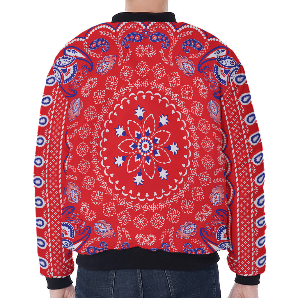 Red Blue And White Bandana Print Zip Sleeve Bomber Jacket