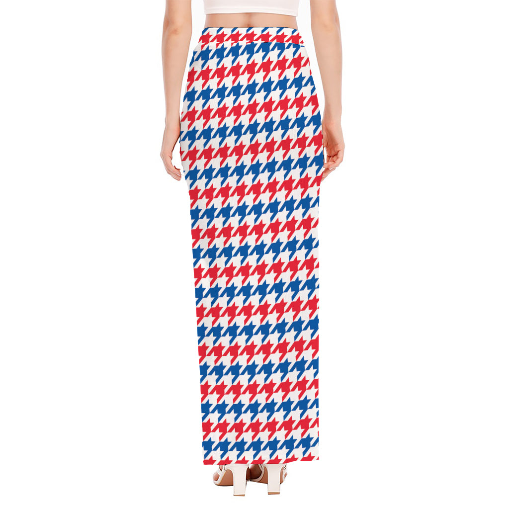 Red Blue And White Houndstooth Print High Slit Maxi Skirt
