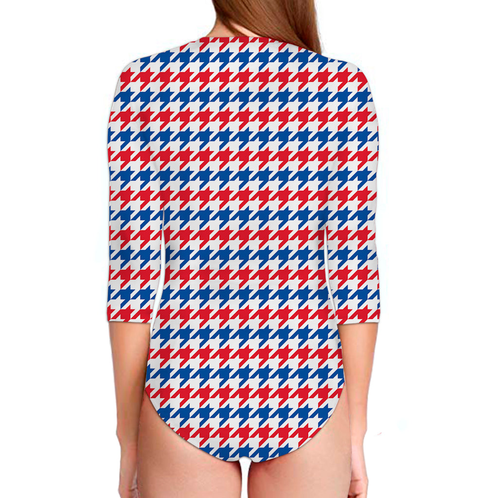 Red Blue And White Houndstooth Print Long Sleeve Swimsuit