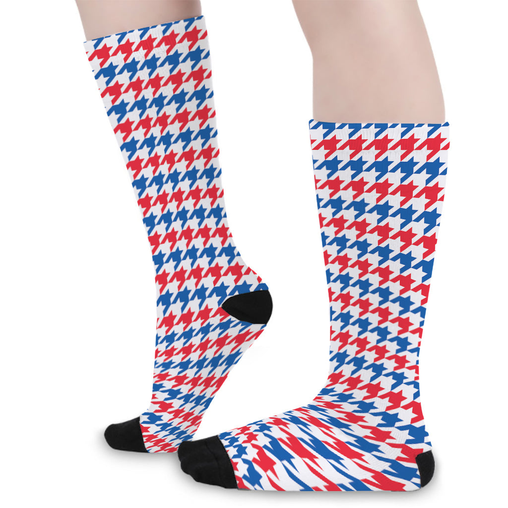 Red Blue And White Houndstooth Print Long Socks