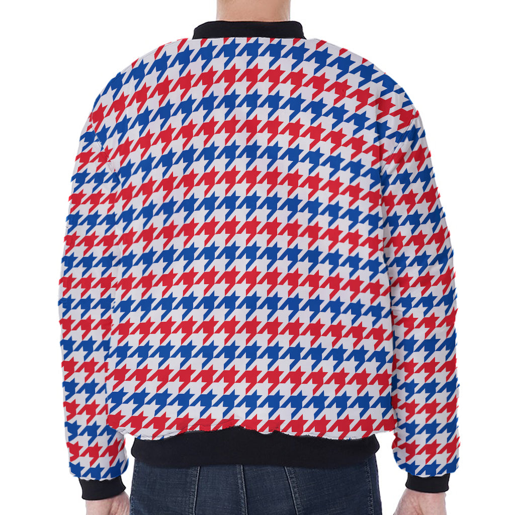 Red Blue And White Houndstooth Print Zip Sleeve Bomber Jacket