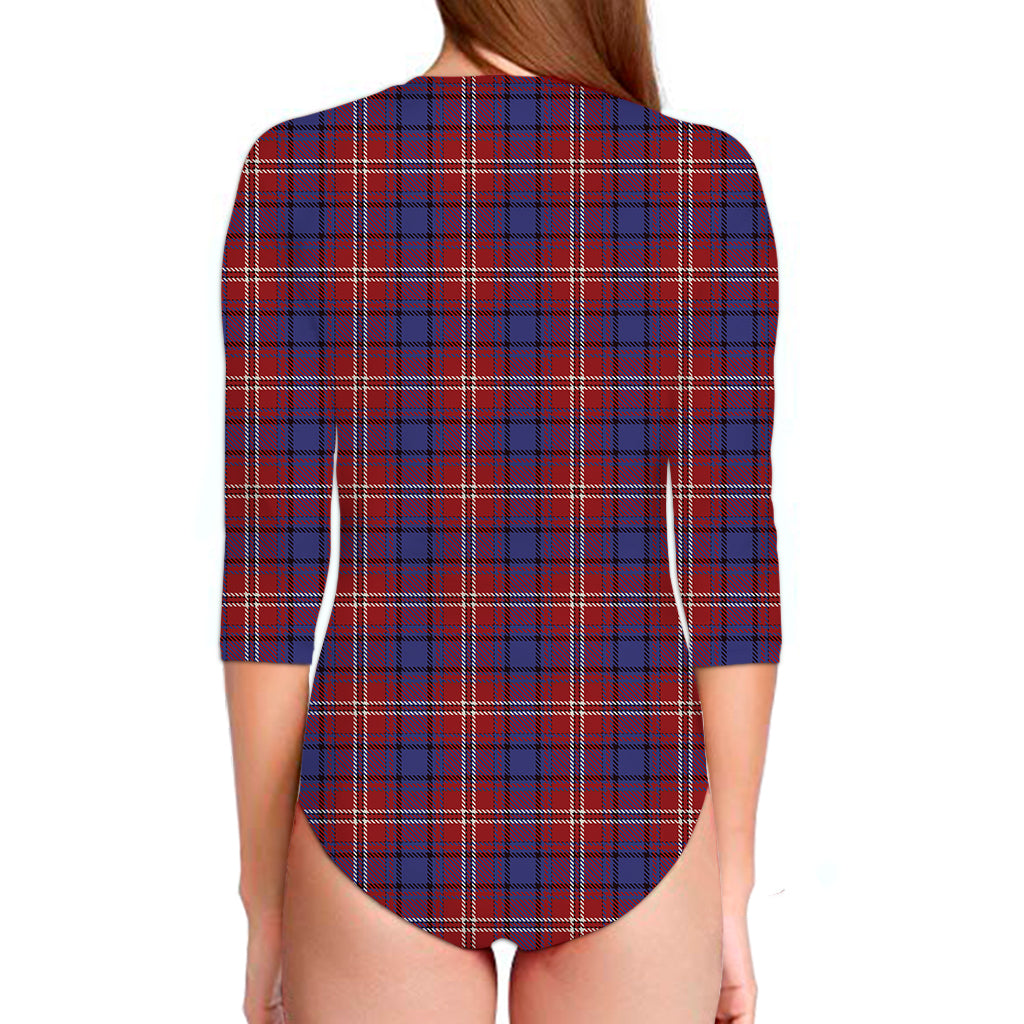 Red Blue And White Tartan Pattern Print Long Sleeve Swimsuit