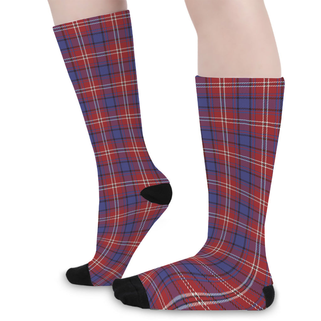 Red Blue And White Tartan Pattern Print Long Socks