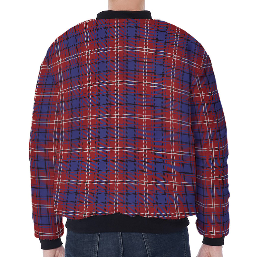 Red Blue And White Tartan Pattern Print Zip Sleeve Bomber Jacket