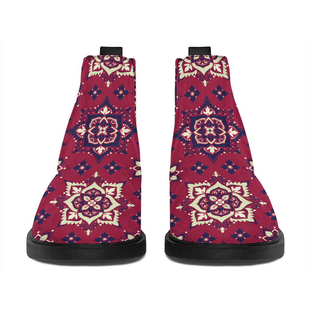 Red Boho Flower Pattern Print Flat Ankle Boots