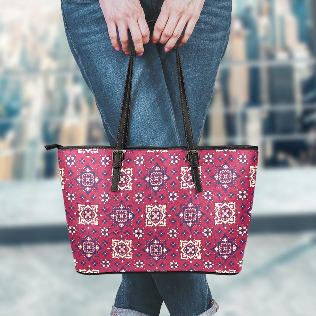 Red Boho Flower Pattern Print Leather Tote Bag
