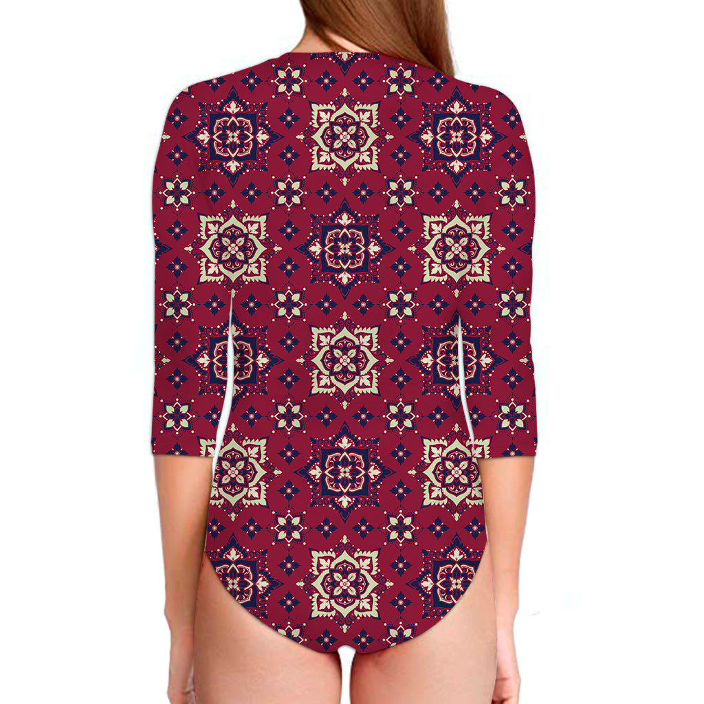 Red Boho Flower Pattern Print Long Sleeve Swimsuit