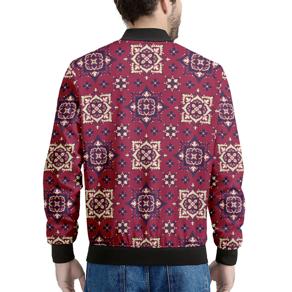 Red Boho Flower Pattern Print Men's Bomber Jacket