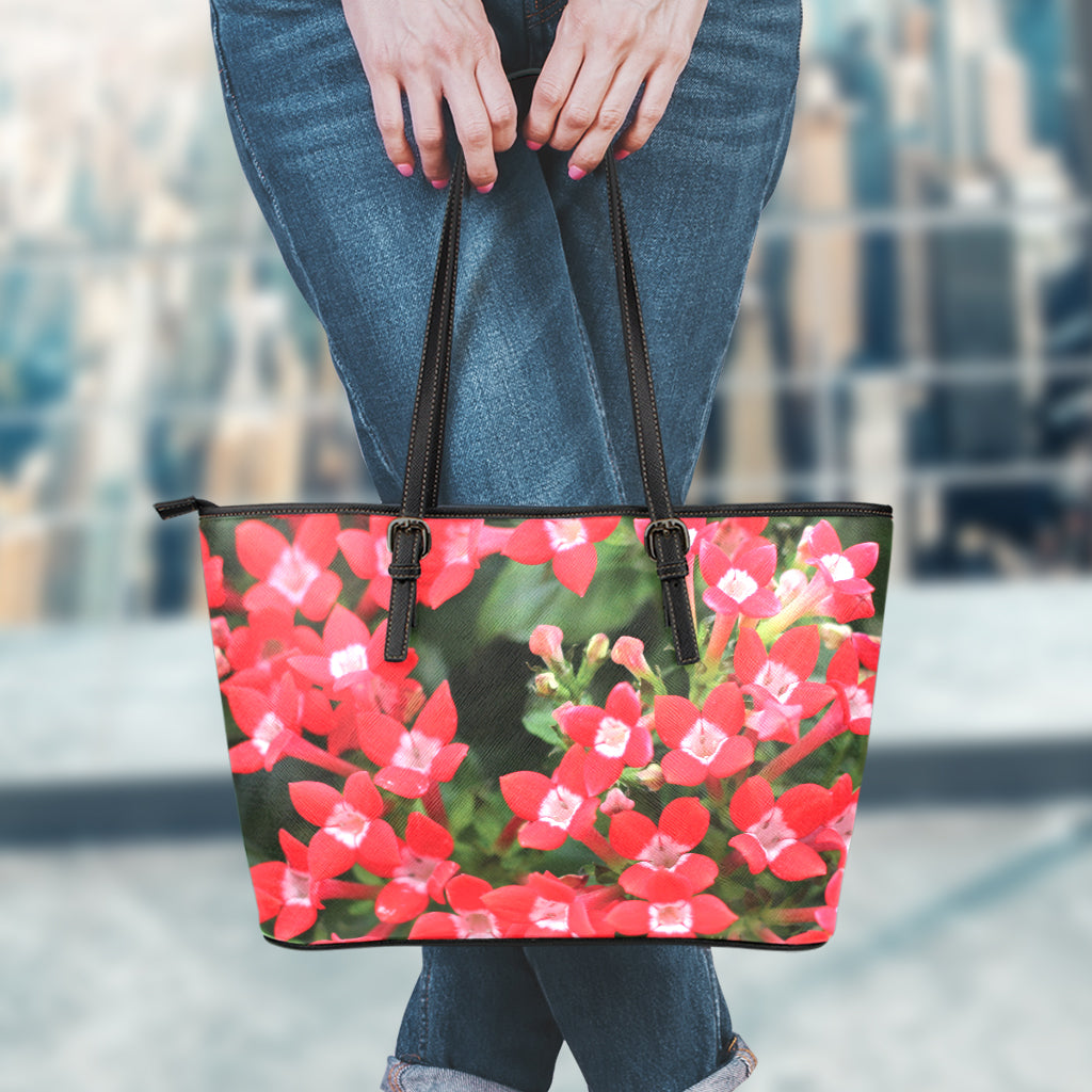Red Bouvardia Print Leather Tote Bag