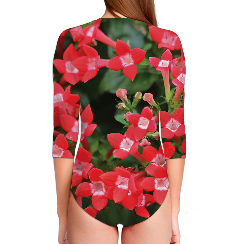 Red Bouvardia Print Long Sleeve Swimsuit