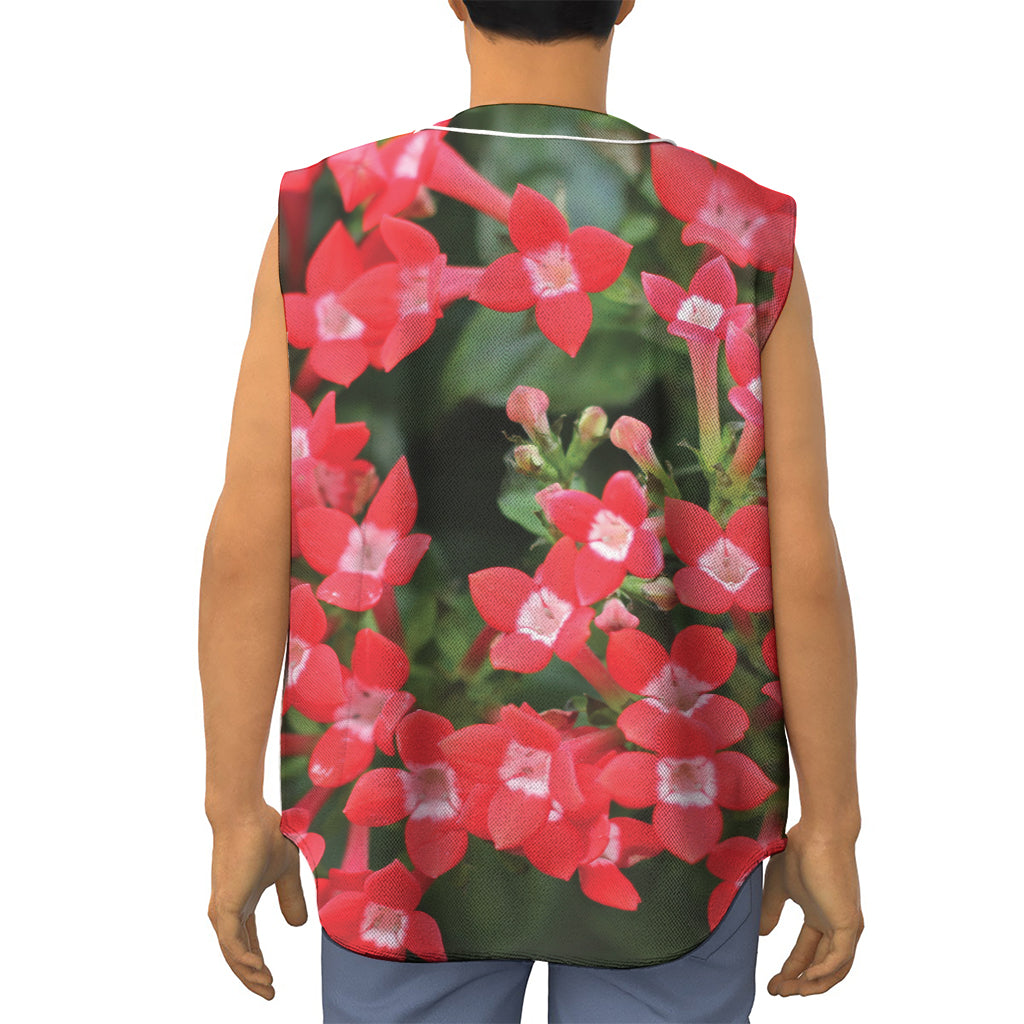 Red Bouvardia Print Sleeveless Baseball Jersey