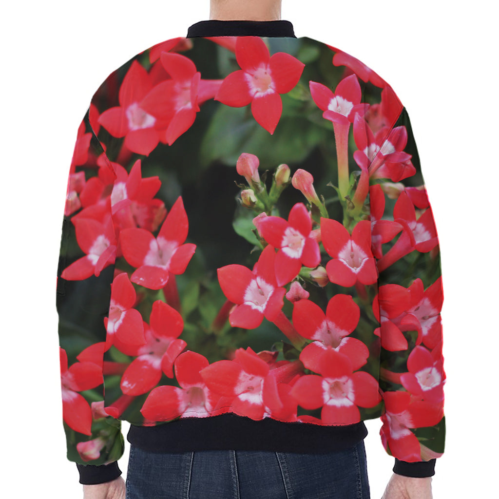Red Bouvardia Print Zip Sleeve Bomber Jacket