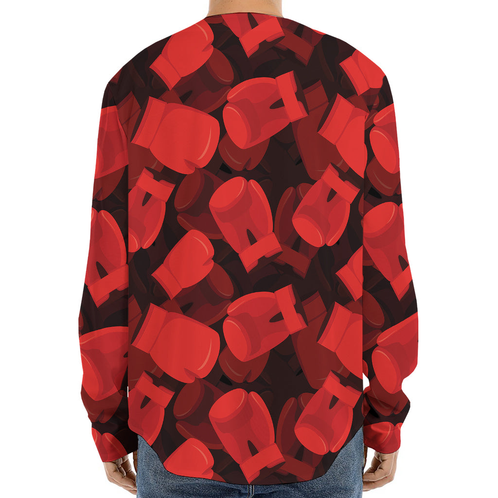 Red Boxing Gloves Pattern Print Long Sleeve Baseball Jersey