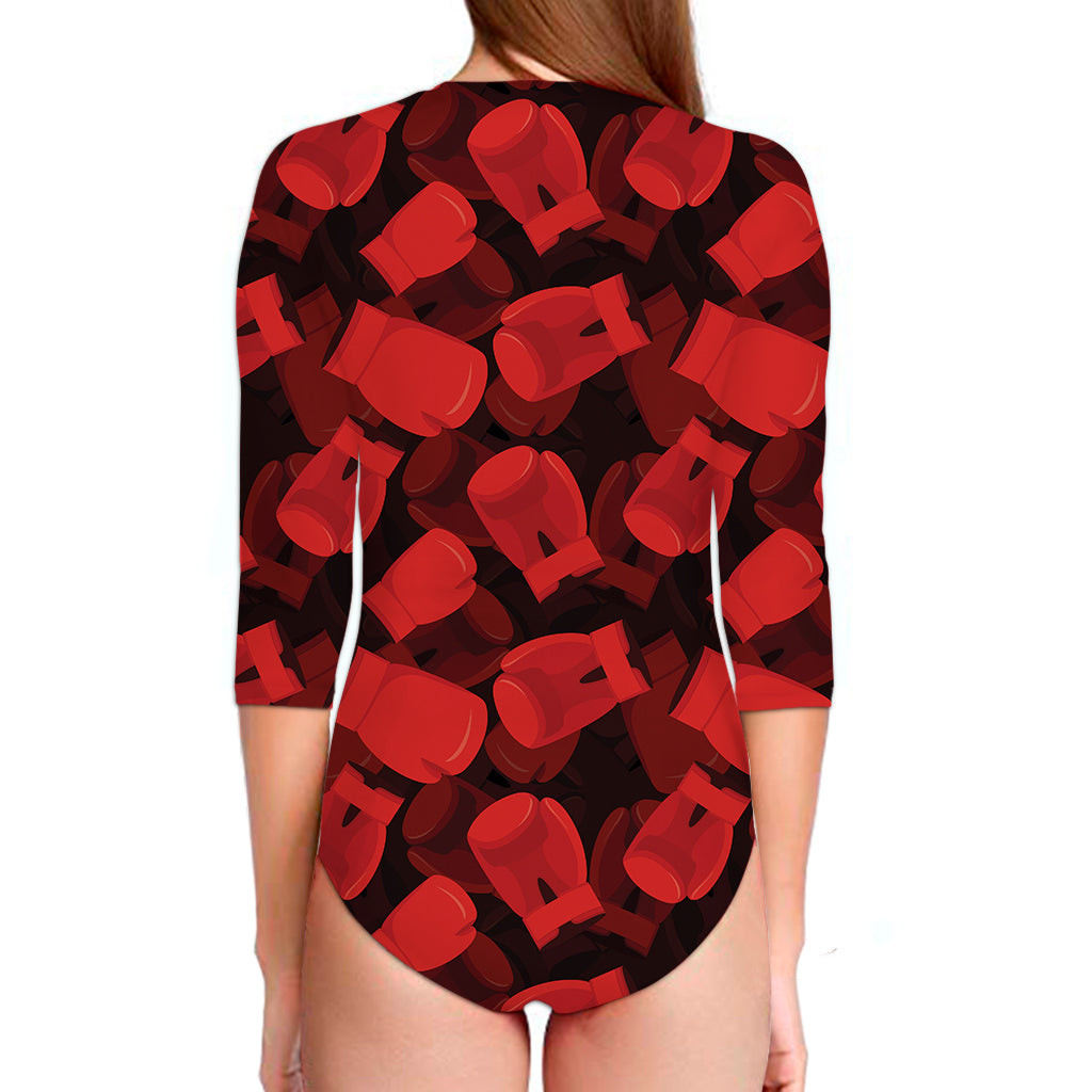 Red Boxing Gloves Pattern Print Long Sleeve Swimsuit