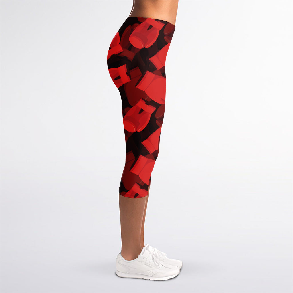 Red Boxing Gloves Pattern Print Women's Capri Leggings