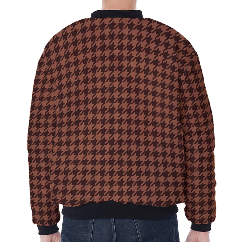Red Brown Houndstooth Pattern Print Zip Sleeve Bomber Jacket