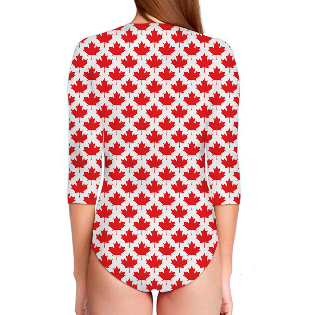 Red Canadian Maple Leaf Pattern Print Long Sleeve Swimsuit