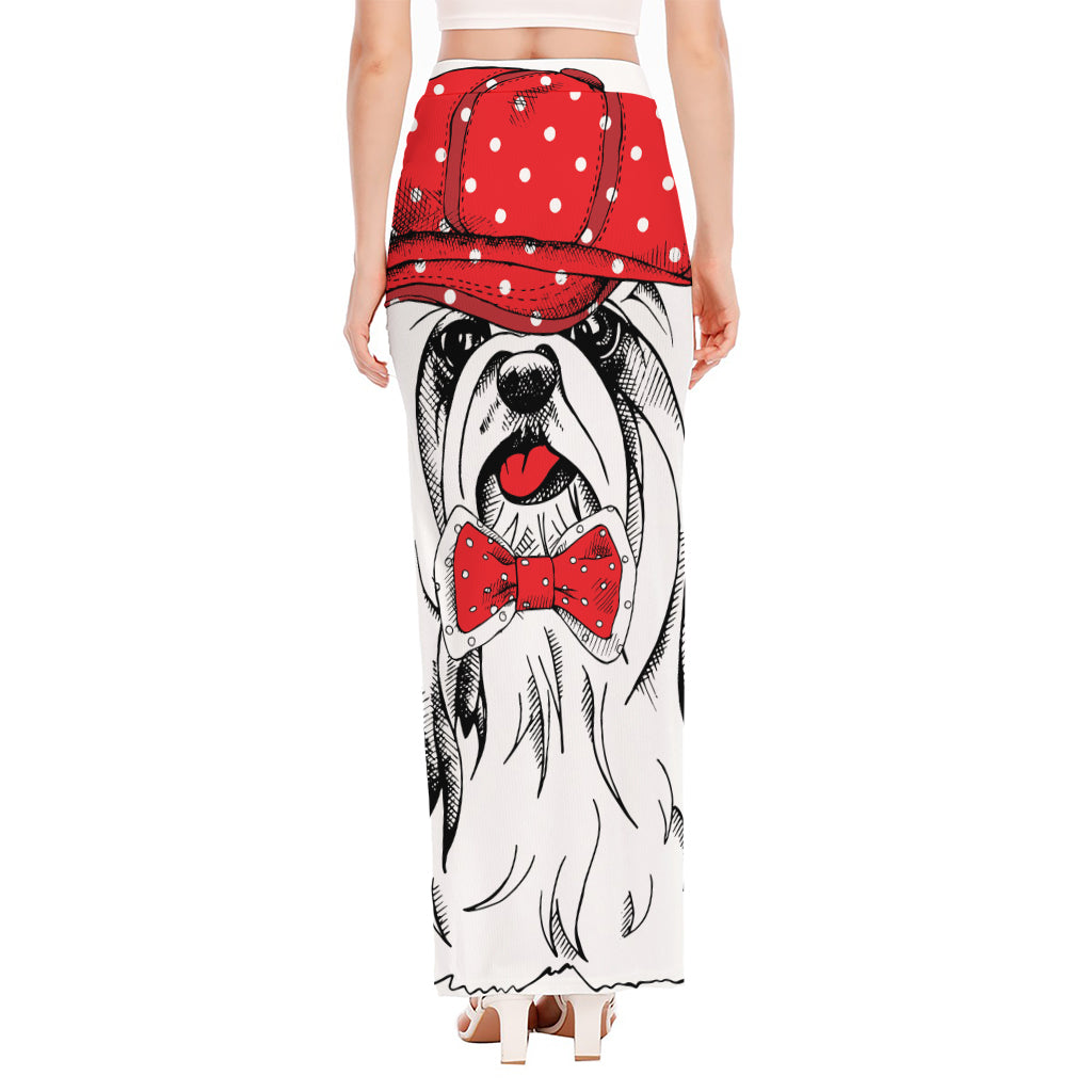 Red Cap Yorkshire Terrier Print High Slit Maxi Skirt