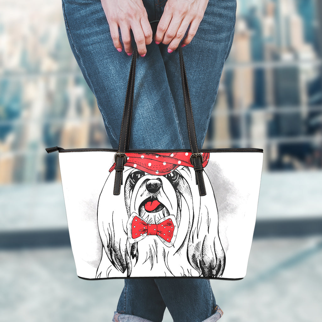 Red Cap Yorkshire Terrier Print Leather Tote Bag