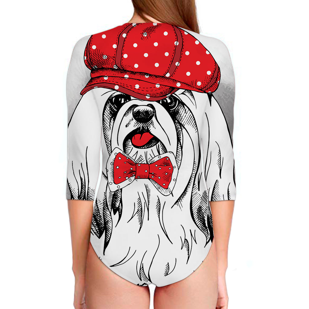 Red Cap Yorkshire Terrier Print Long Sleeve Swimsuit