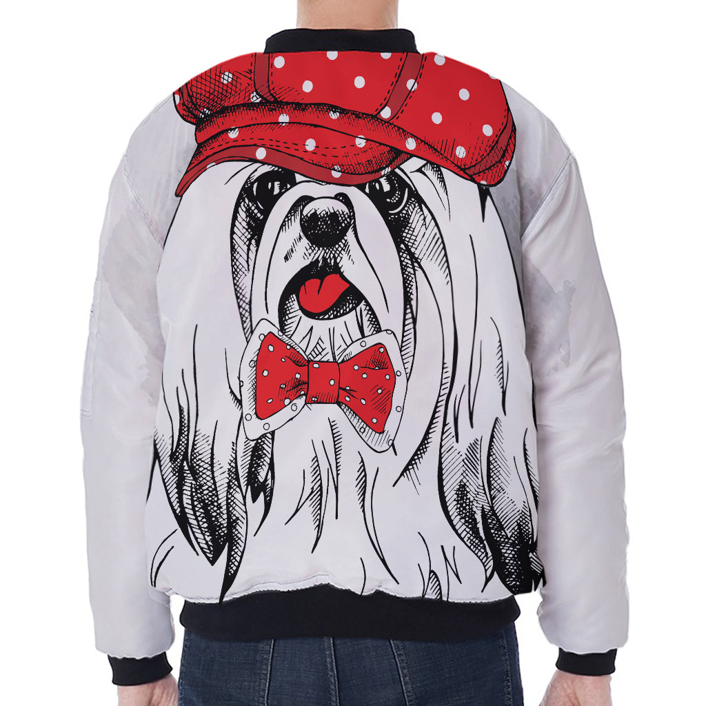 Red Cap Yorkshire Terrier Print Zip Sleeve Bomber Jacket
