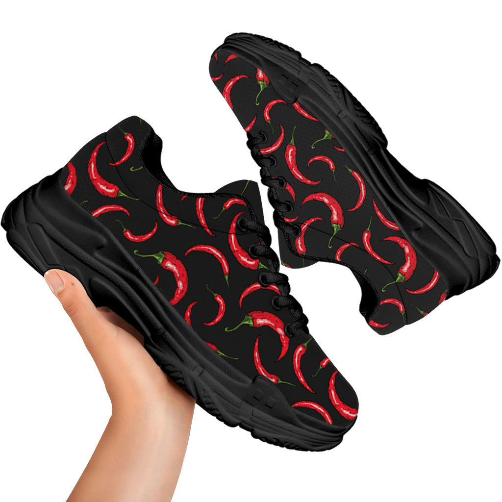Red Chili Peppers Pattern Print Black Chunky Shoes