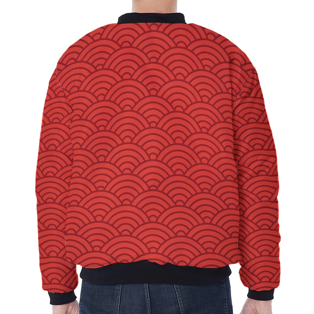 Red Chinese Pattern Print Zip Sleeve Bomber Jacket