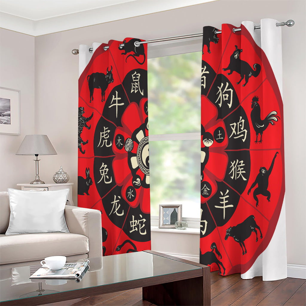Red Chinese Zodiac Wheel Print Extra Wide Grommet Curtains
