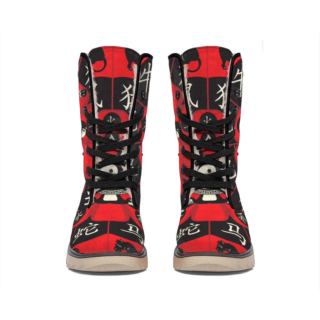 Red Chinese Zodiac Wheel Print Winter Boots