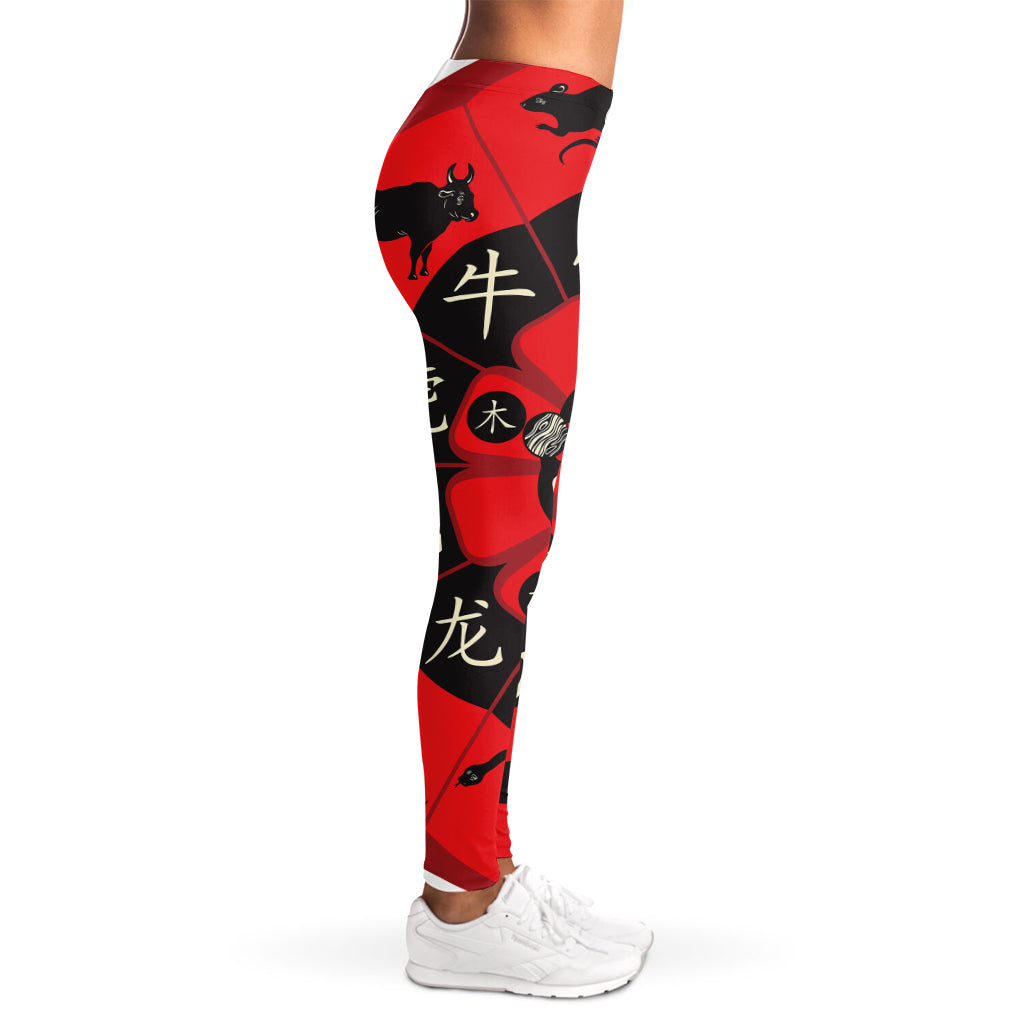 Red Chinese Zodiac Wheel Print Women's Leggings
