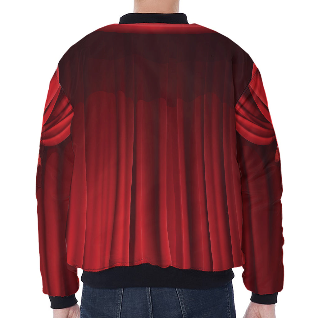 Red Curtain Theater Print Zip Sleeve Bomber Jacket