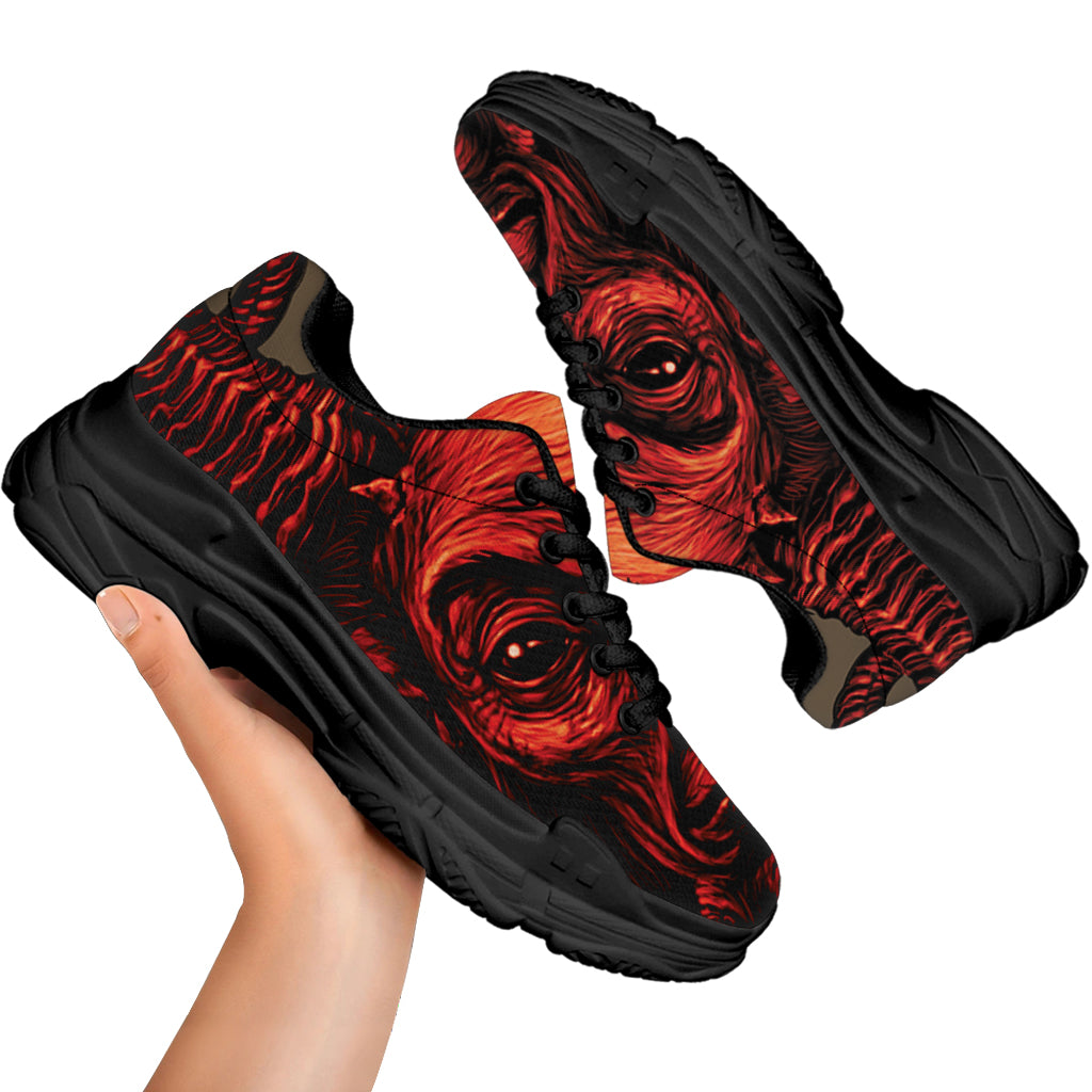 Red Devil Satan Print Black Chunky Shoes