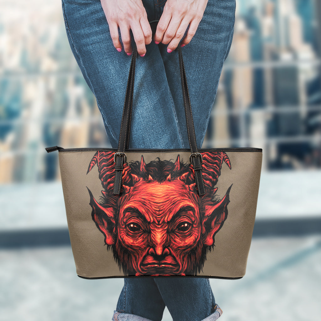 Red Devil Satan Print Leather Tote Bag