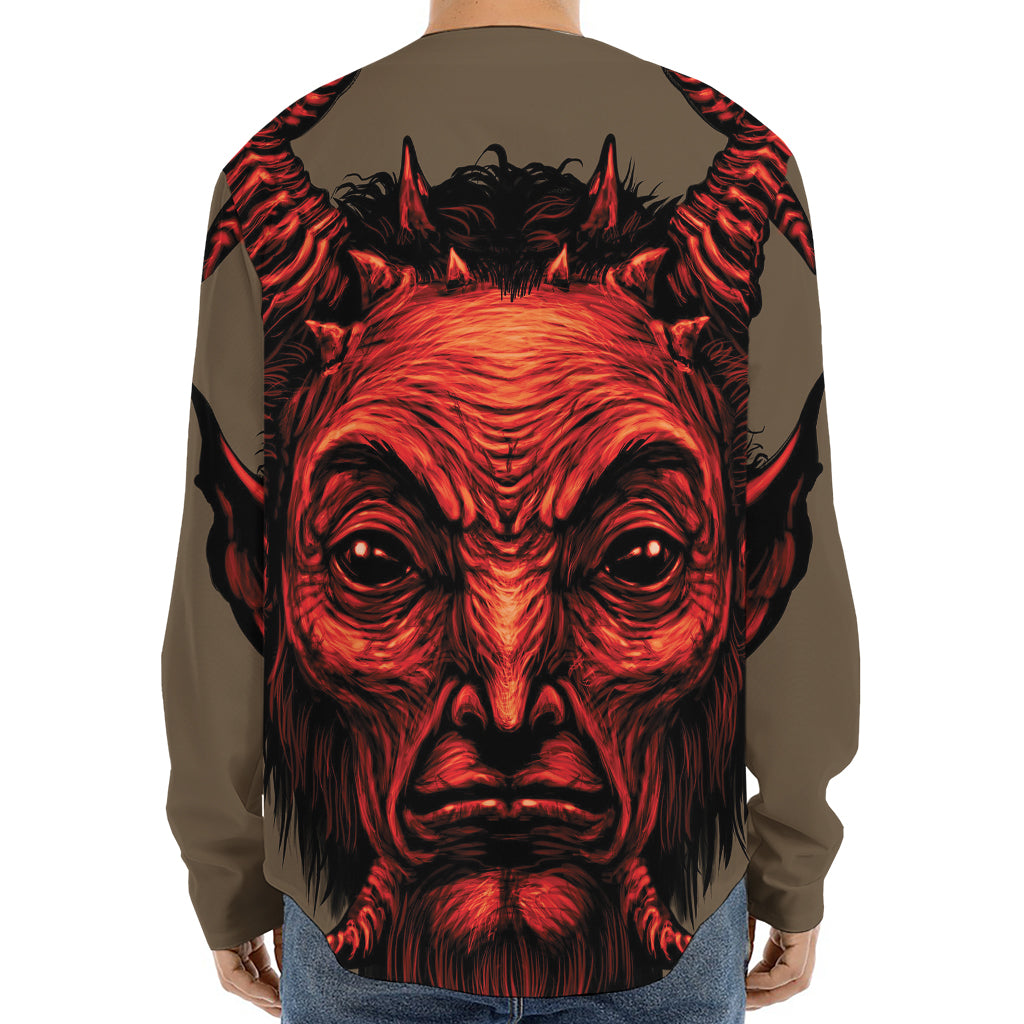 Red Devil Satan Print Long Sleeve Baseball Jersey