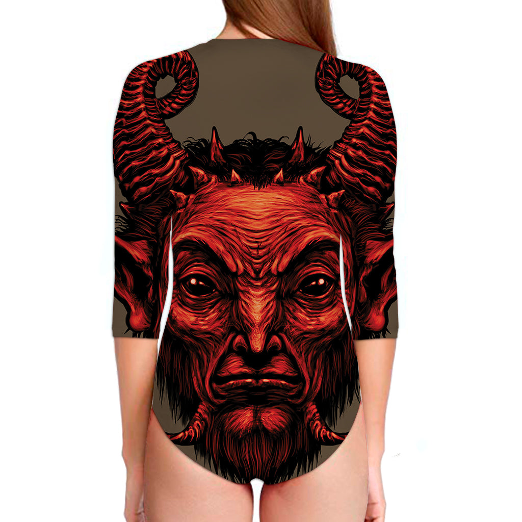 Red Devil Satan Print Long Sleeve Swimsuit