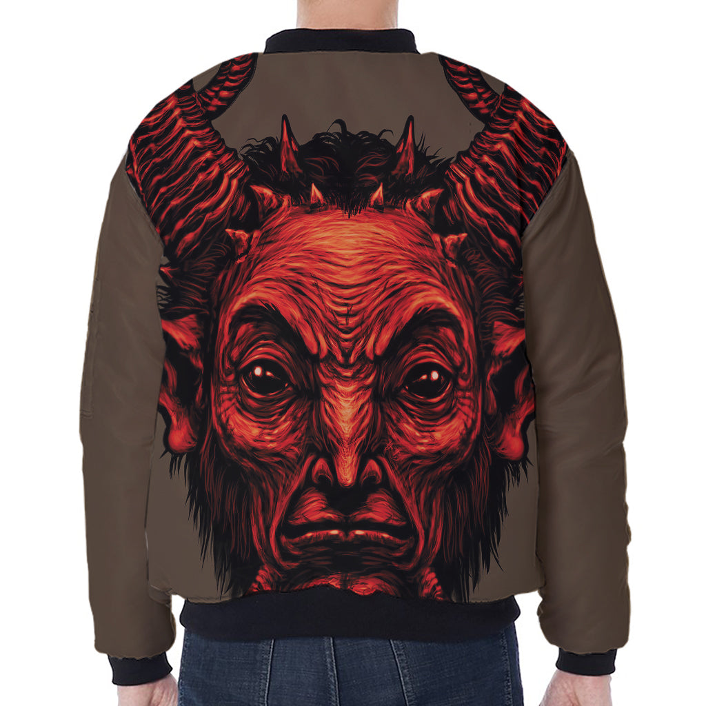 Red Devil Satan Print Zip Sleeve Bomber Jacket