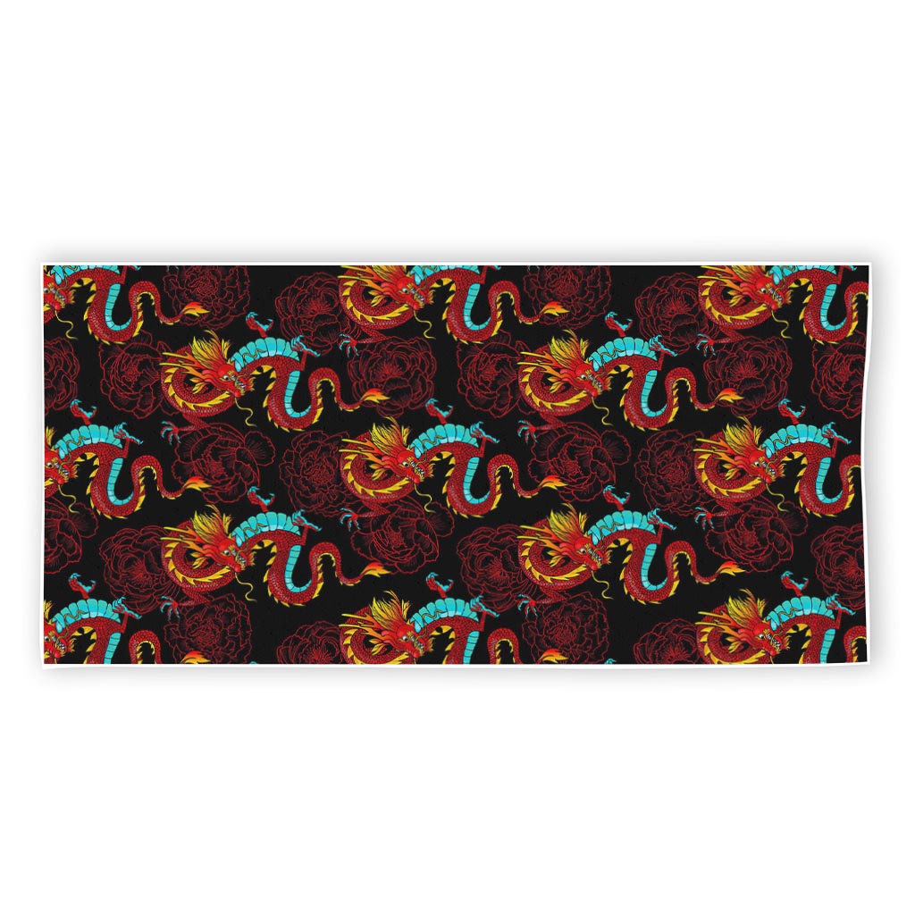 Red Dragon Lotus Pattern Print Beach Towel