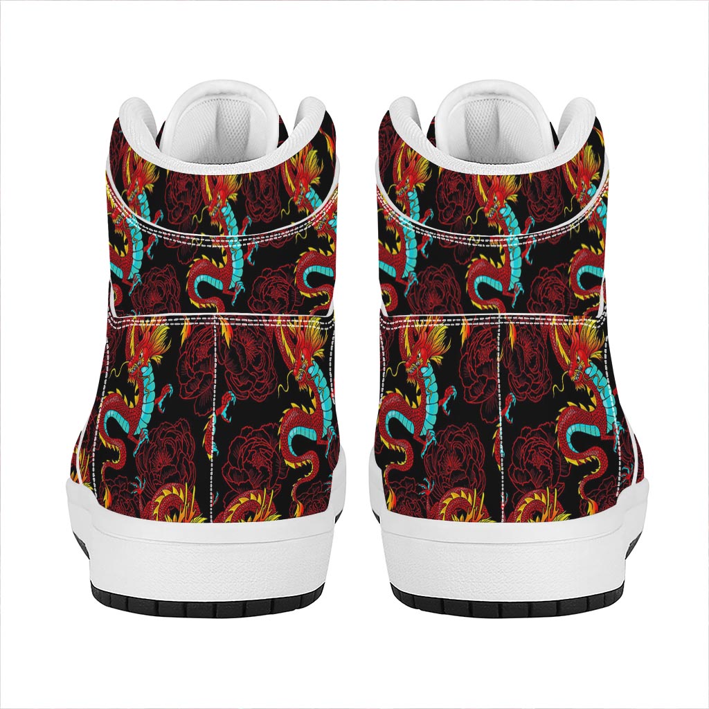 Red Dragon Lotus Pattern Print High Top Leather Sneakers
